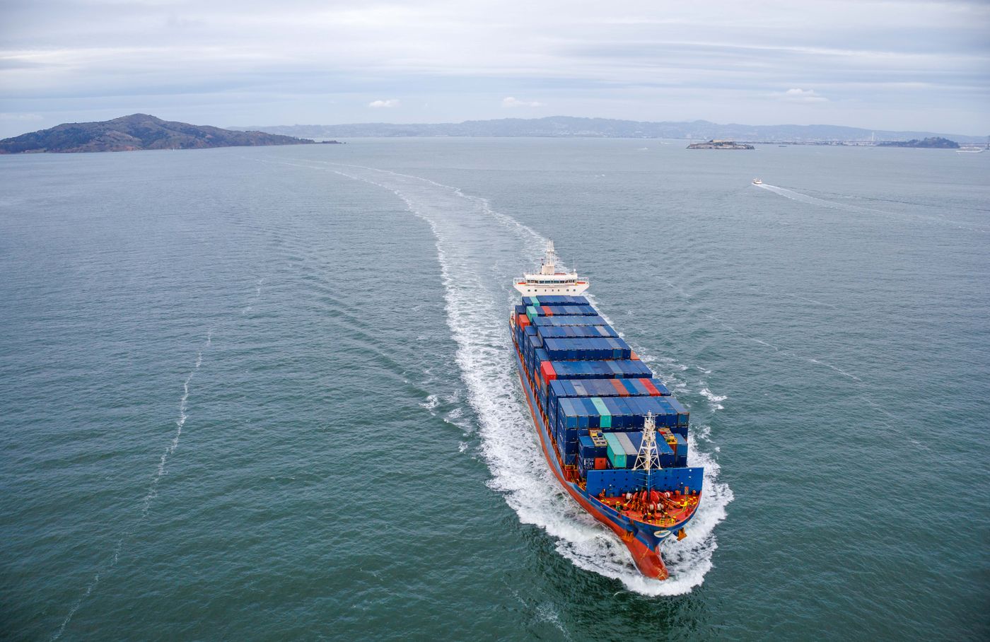 A container ship crossing open water